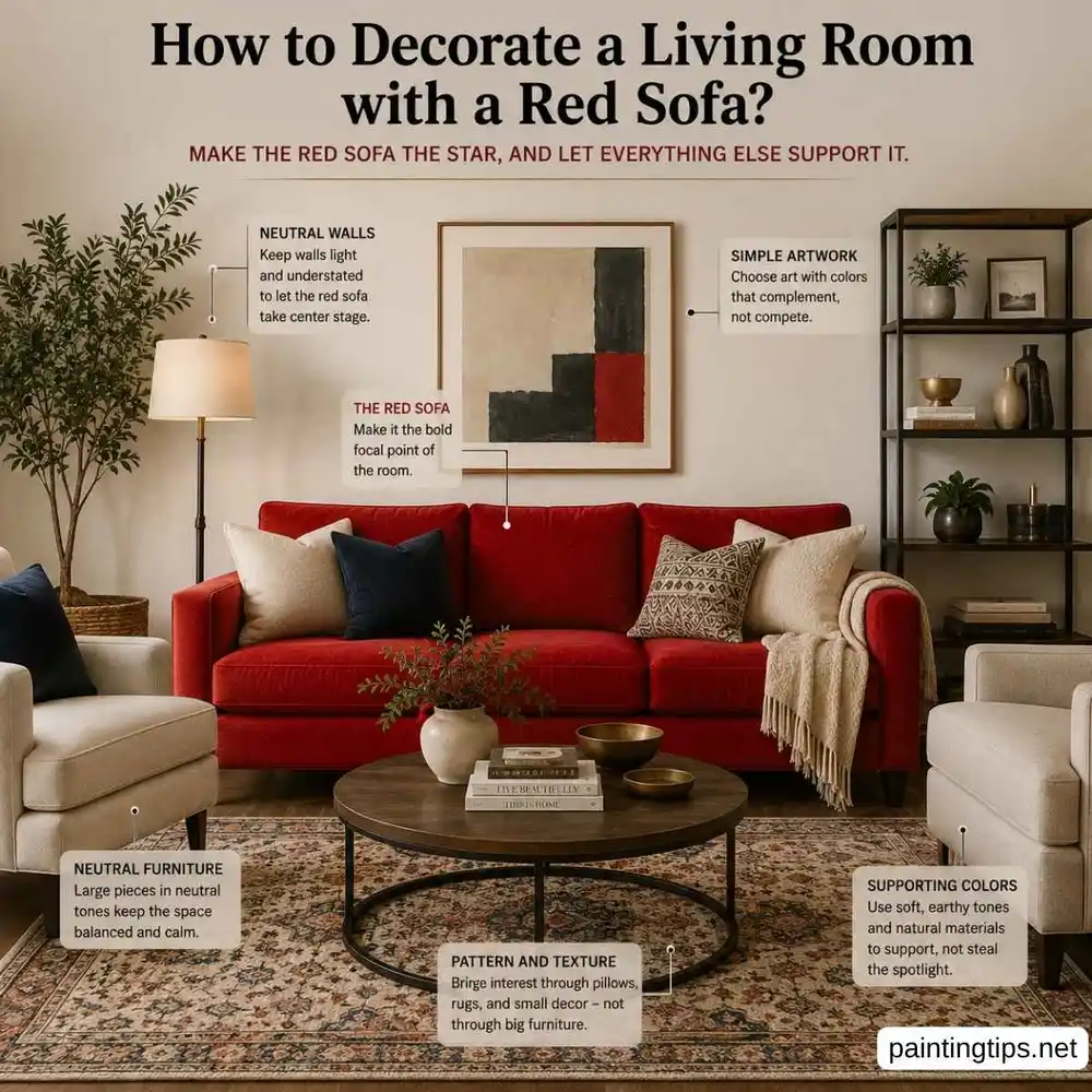 How to decorate a living room with a red sofa.