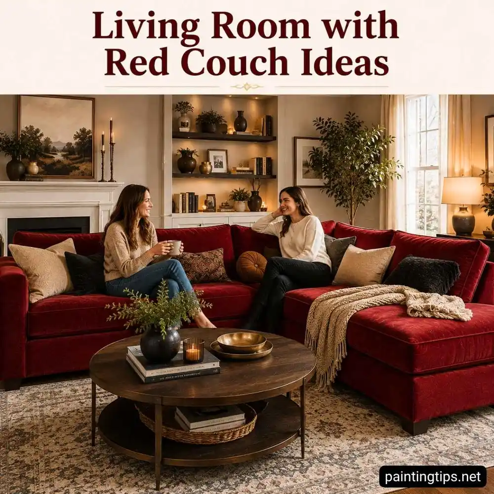 Living room with red couch