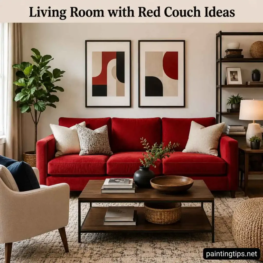 Living room with red couch