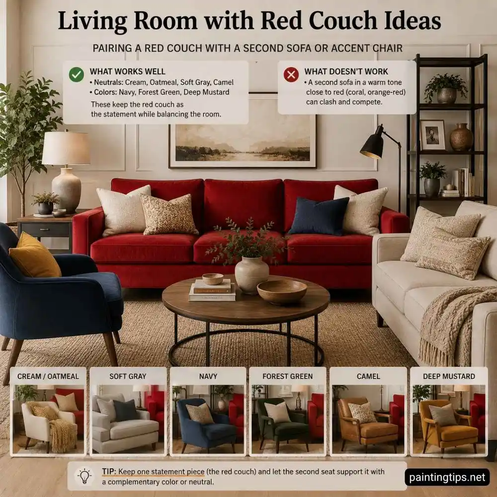 Pairing a red couch with a second sofa