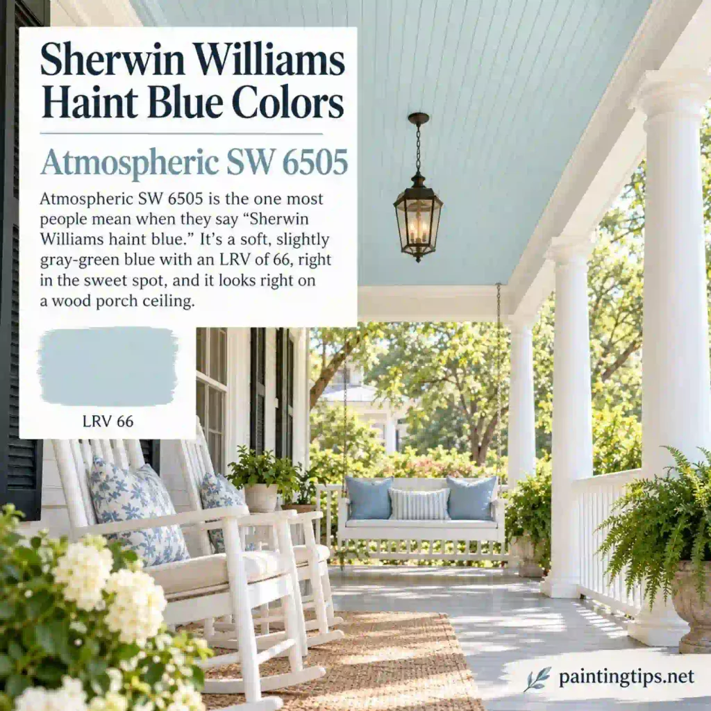 Porch ceiling painted in Sherwin-Williams Atmospheric SW 6505 haint blue.