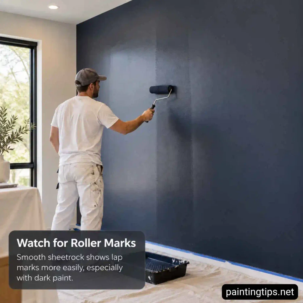 Painting a smooth sheetrock wall with dark paint while avoiding visible roller marks and lap lines.