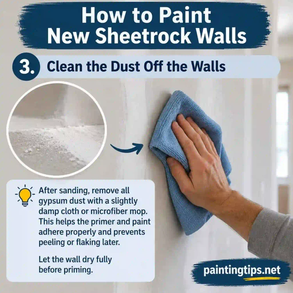 Cleaning dust from sheetrock walls before painting to improve primer adhesion and paint coverage.