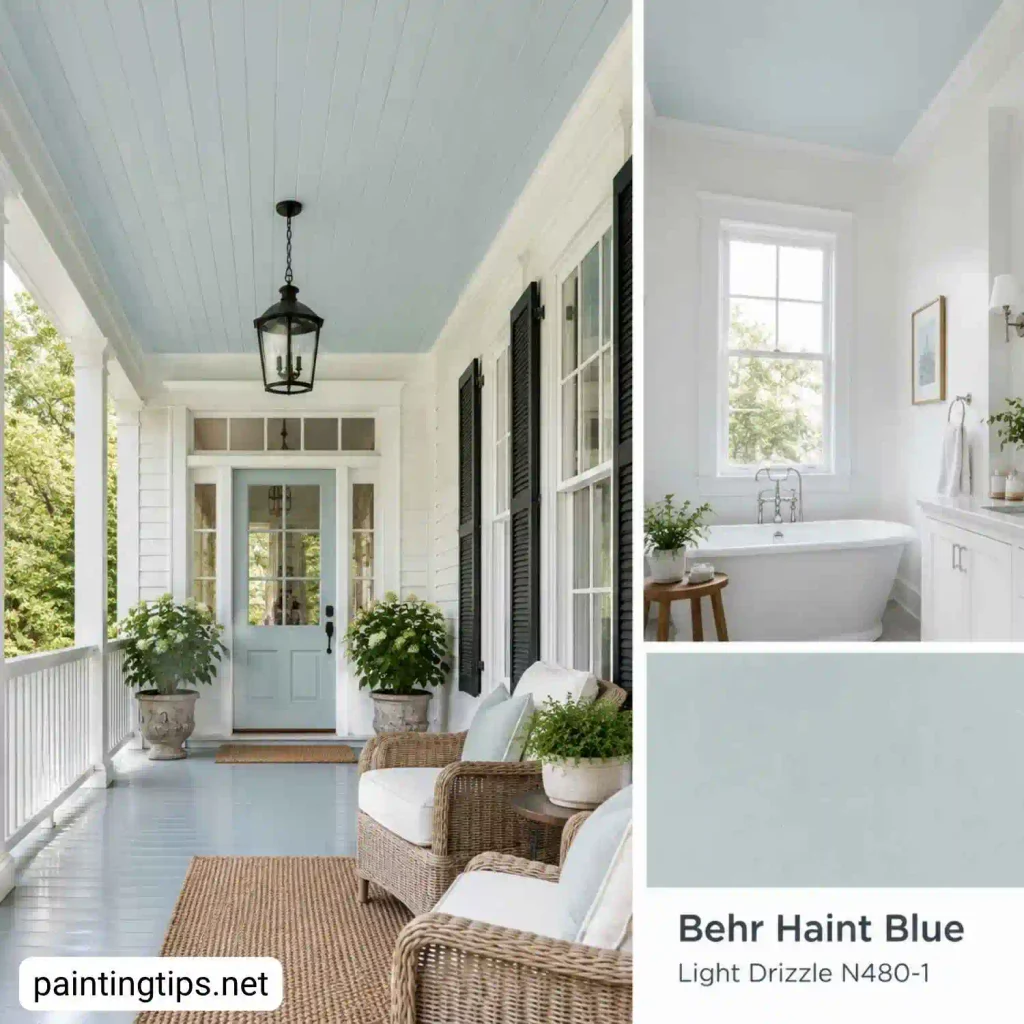 Behr Light Drizzle N480-1 haint blue color on a porch ceiling and bathroom with soft pale blue-gray tones.