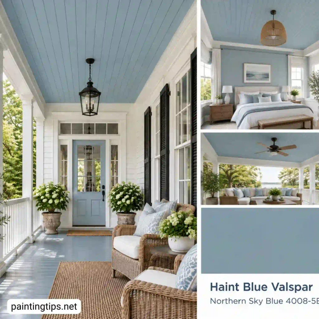 Valspar Northern Sky Blue 4008-5B haint blue color on a porch ceiling and bedroom with soft gray-blue tones.