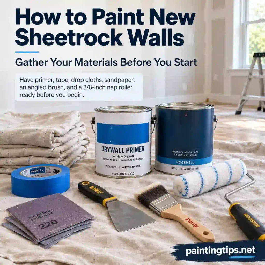 Tools and supplies needed for painting sheetrock walls including primer, rollers, brushes, tape, and sandpaper.