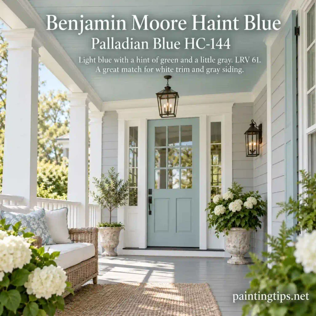 Benjamin Moore Palladian Blue HC-144 haint blue color on a coastal porch with white trim and gray siding.