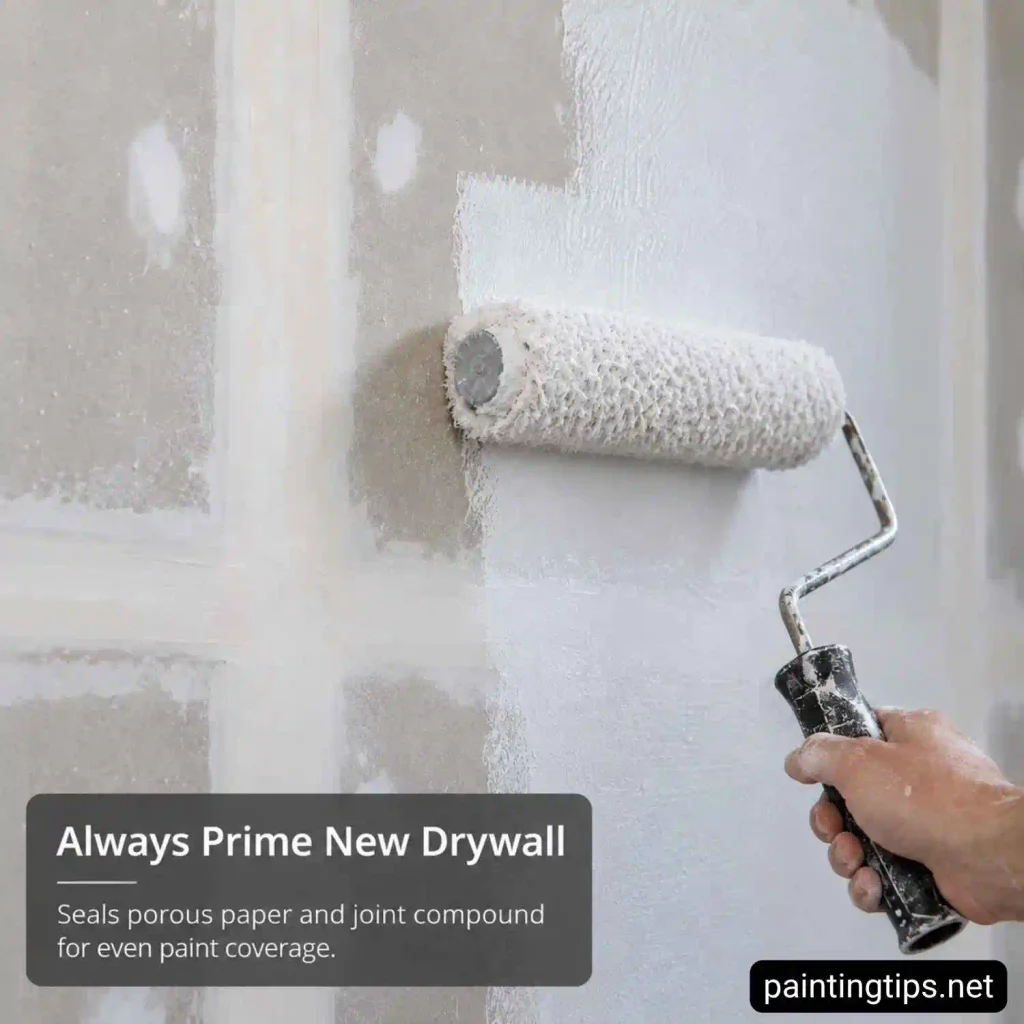 Applying drywall primer to new sheetrock to seal porous surfaces and create even paint coverage