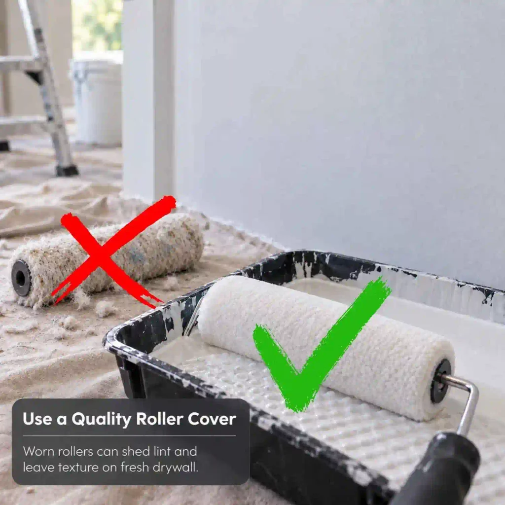Comparison of a quality paint roller cover and worn roller for achieving a smooth drywall finish.