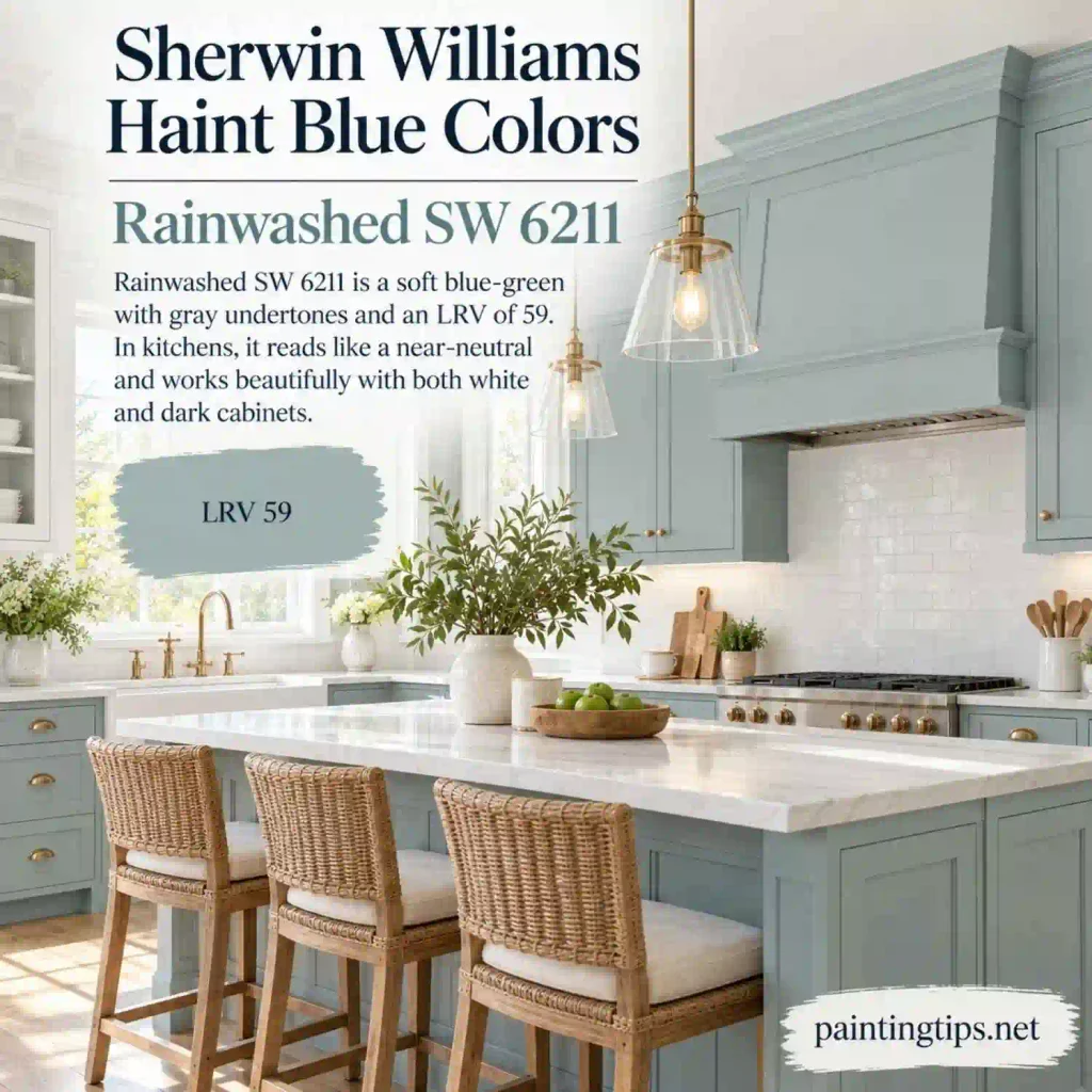 Sherwin-Williams Rainwashed SW 6211 haint blue color in a bright kitchen with blue-green cabinets and natural light.