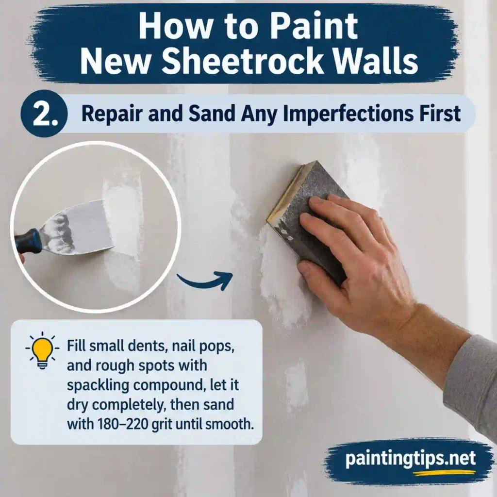 Repairing and sanding sheetrock walls before painting to smooth dents, nail pops, and drywall imperfections.