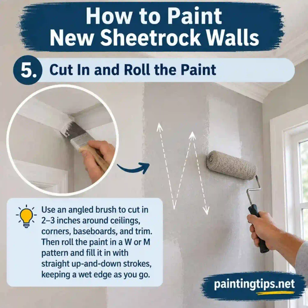 Painting sheetrock walls with a roller while cutting in edges with an angled brush.