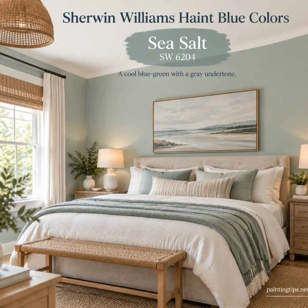 Sea Salt SW 6204 haint blue color bedroom by Sherwin Williams with soft blue-green walls and modern farmhouse decor.