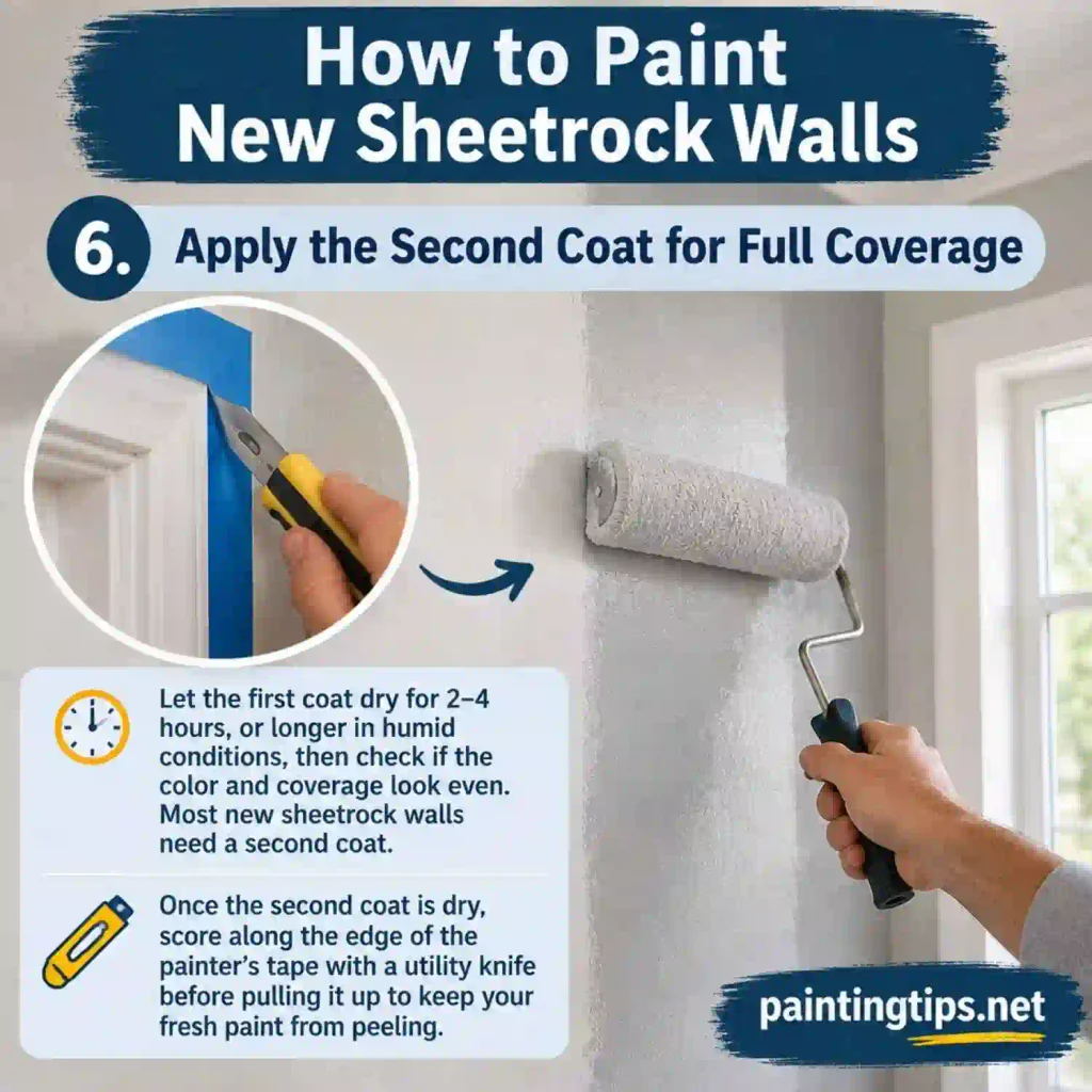 Applying a second coat when painting sheetrock walls for full coverage and consistent color.