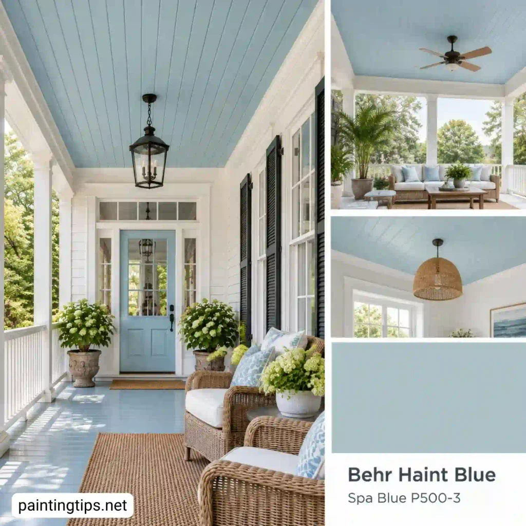 Behr Spa Blue P500-3 haint blue color on a bright porch ceiling with modern soft blue tones.