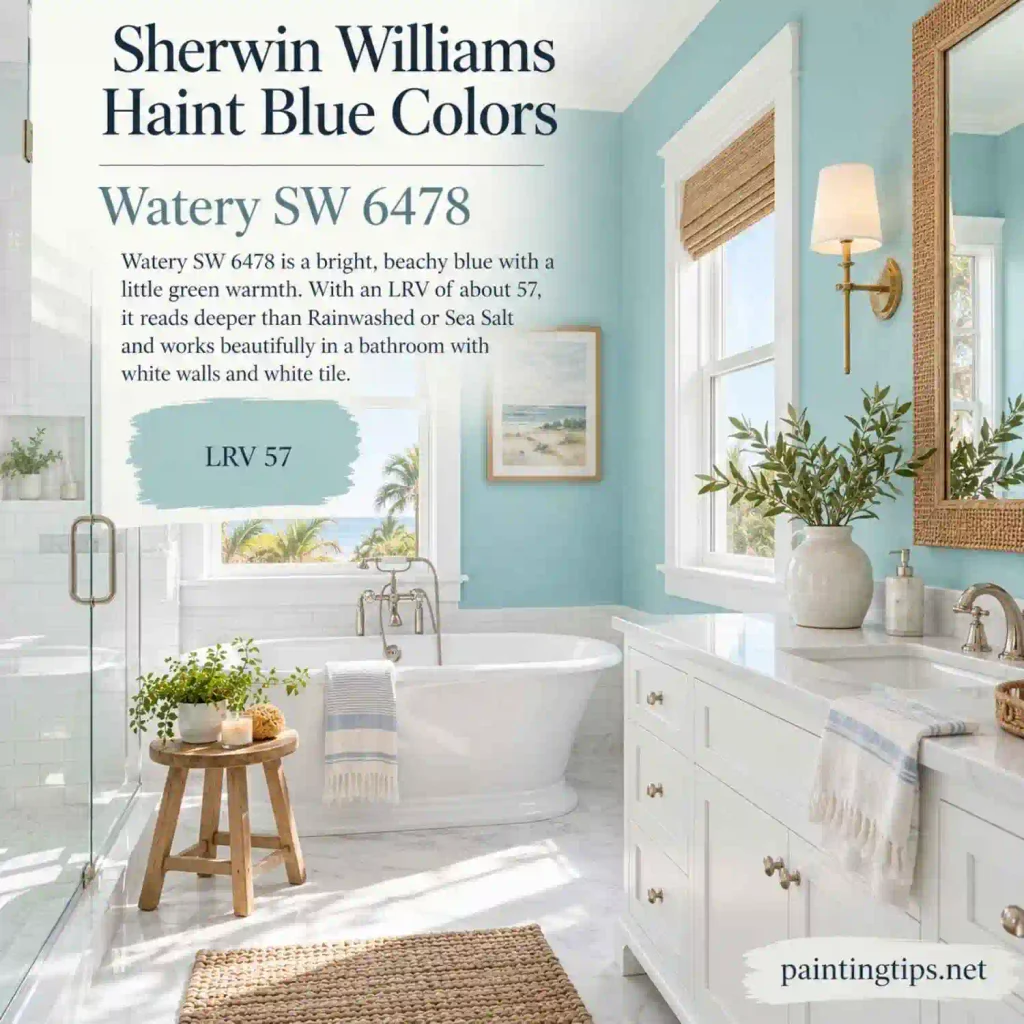 Haint blue color Watery SW 6478 by Sherwin-Williams in a bright coastal bathroom.