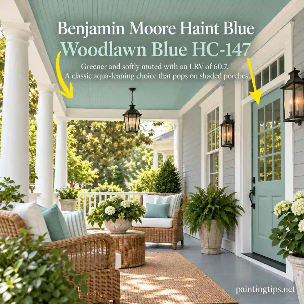 Benjamin Moore Woodlawn Blue HC-147 haint blue color on a shaded porch ceiling and front door with aqua-green tones.