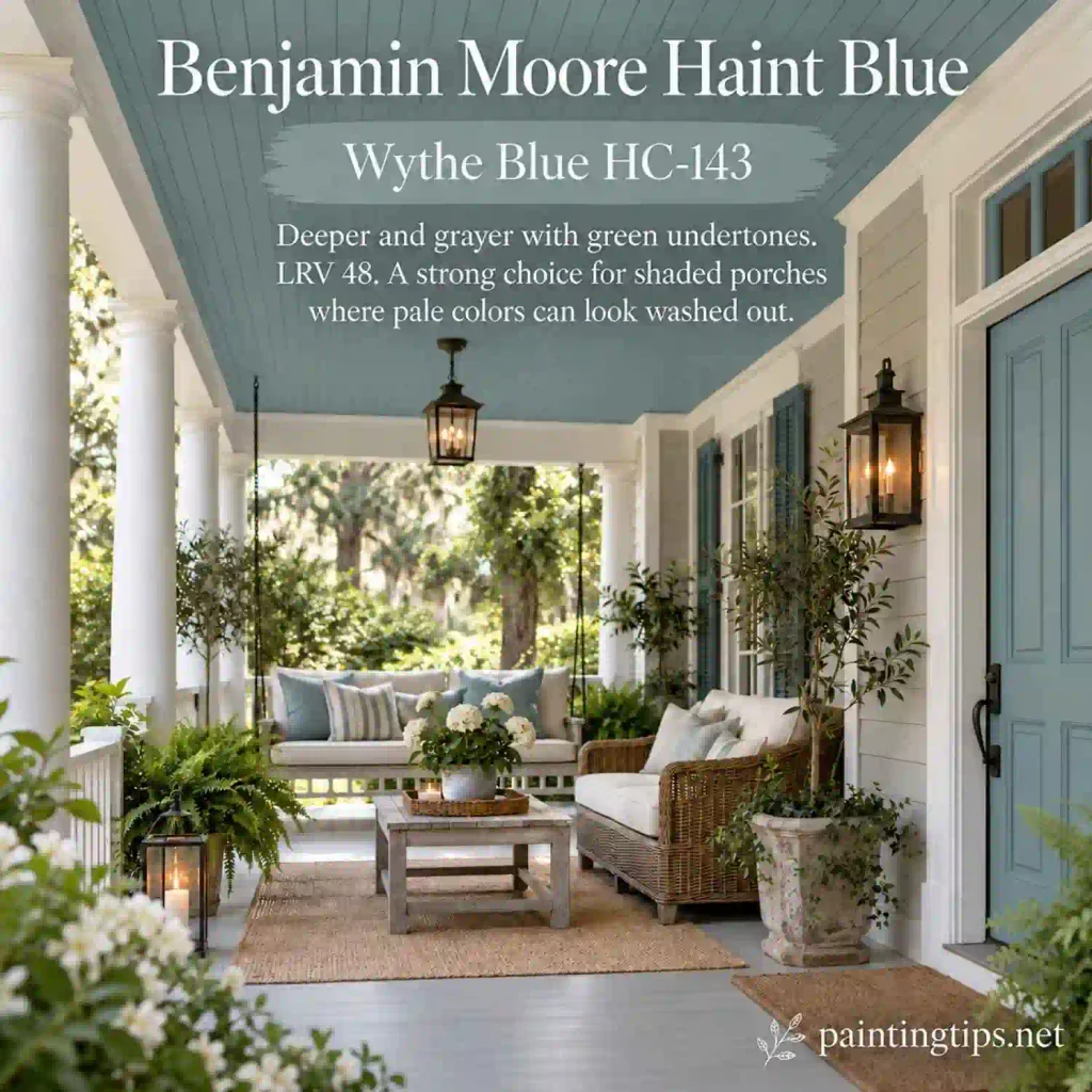 Benjamin Moore Wythe Blue HC-143 haint blue color on a shaded porch ceiling with soft blue-green tones.