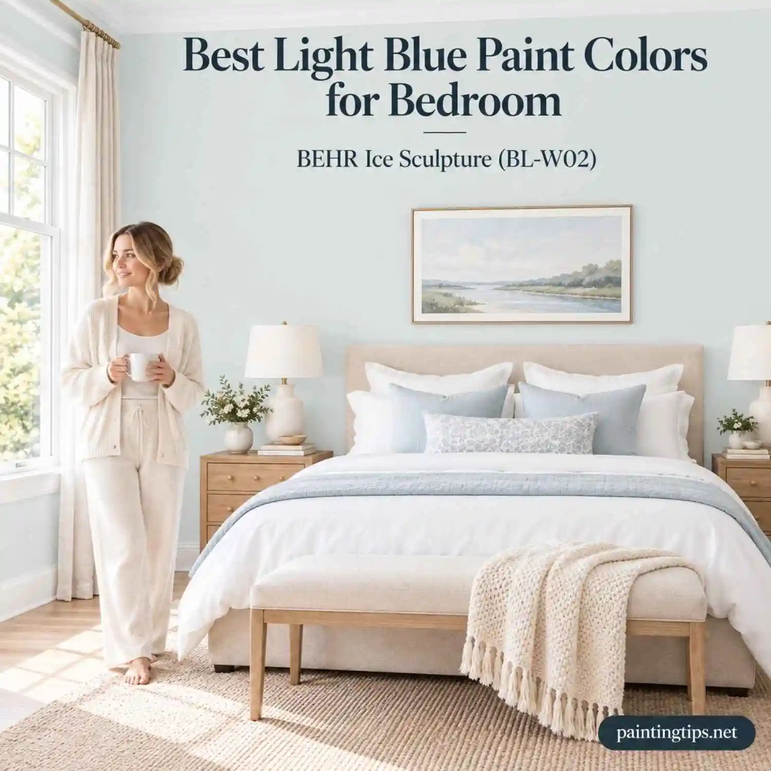 BEHR Ice Sculpture (BL-W02) – Light Blue Paint Colors for Bedroom with soft blue-white walls, light oak furniture, and cozy neutral decor.