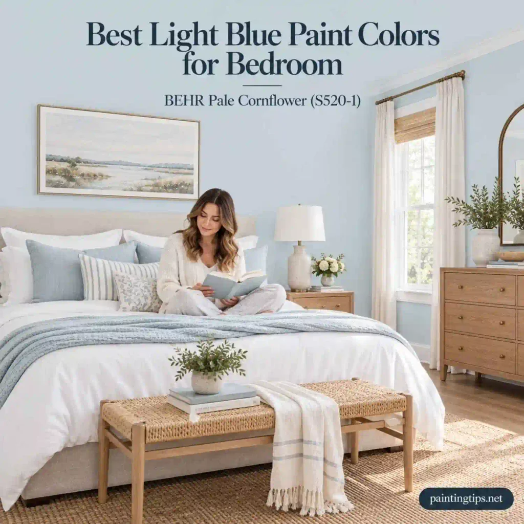 BEHR Pale Cornflower (S520-1) – Light Blue Paint Colors for Bedroom with pale blue walls, warm wood furniture, and white bedding.