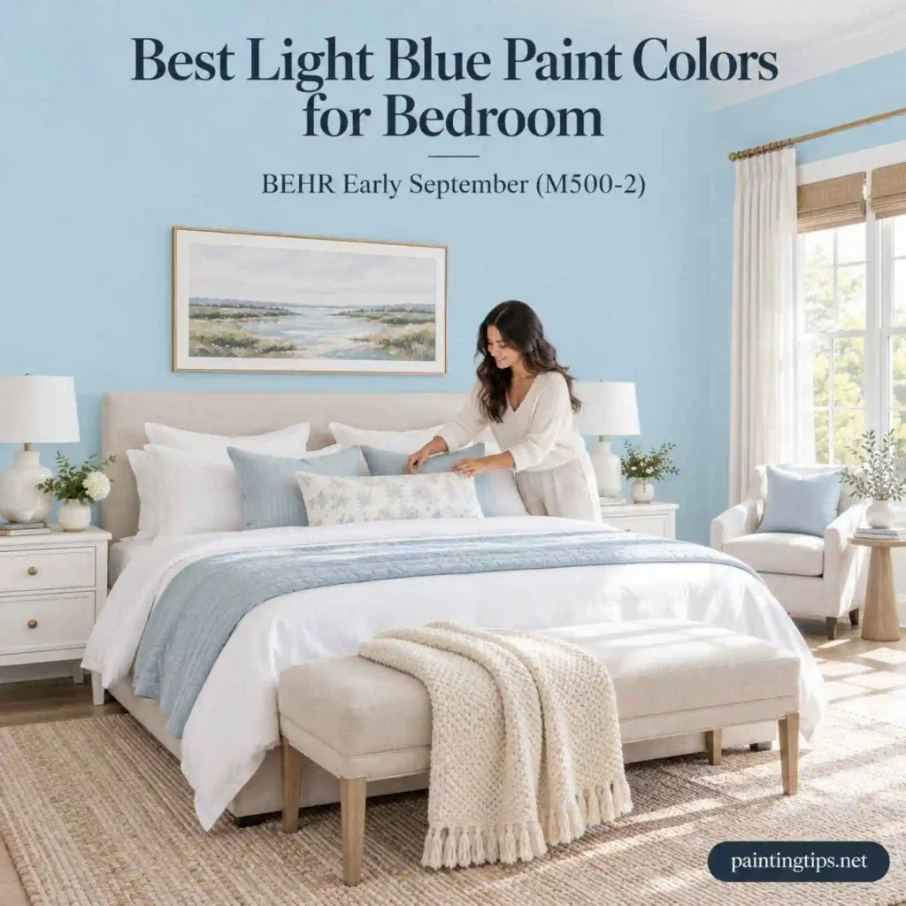 BEHR Early September (M500-2) – Light Blue Paint Colors for Bedroom with soft sky-blue walls, white furniture, and elegant neutral accents.
