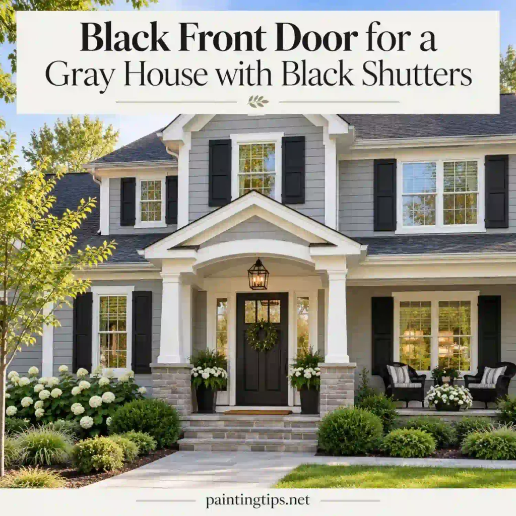 Black front door for gray house with black shutters.