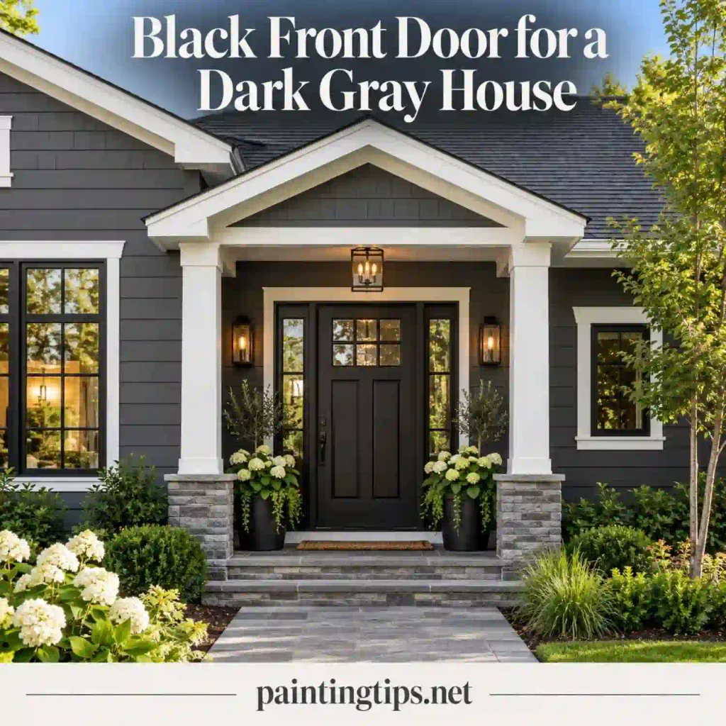 Black front door on a dark gray house.