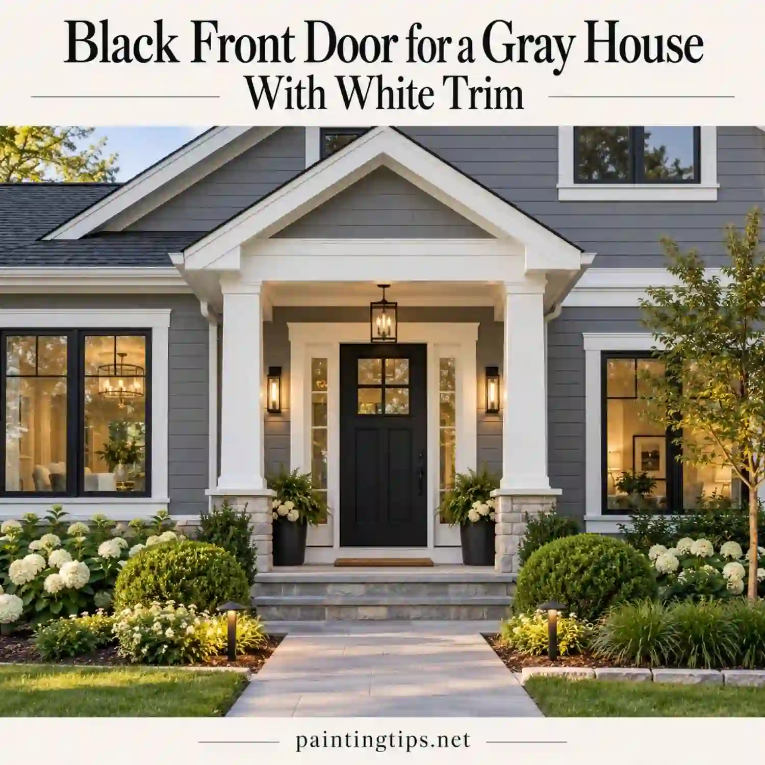 Black front door on a gray house with white trim.