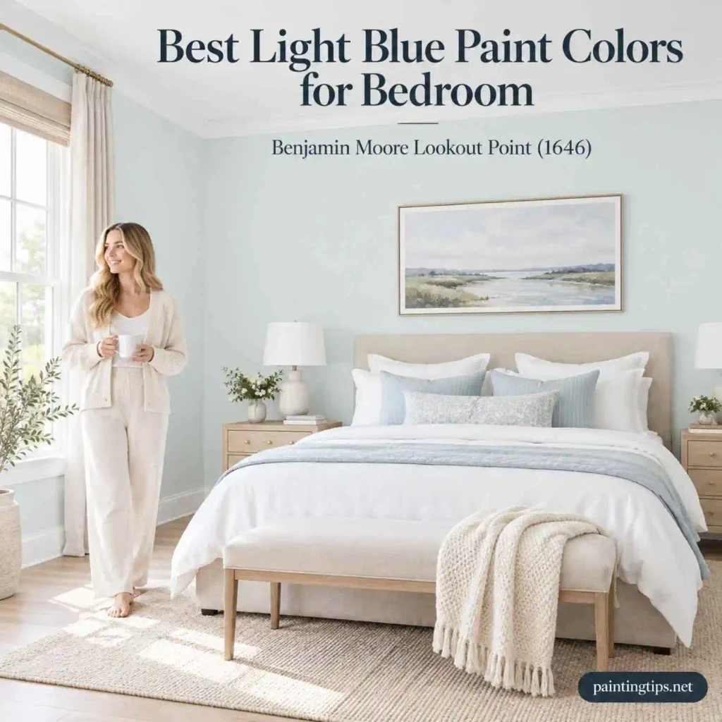 Benjamin Moore Lookout Point 1646 – Light Blue Paint Colors for Bedroom with soft blue walls, light wood floors, and neutral decor.