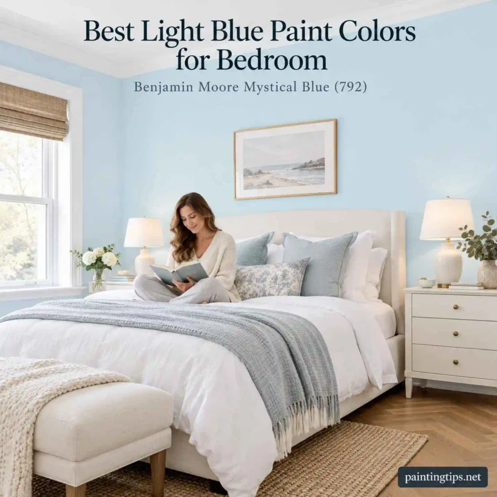 Benjamin Moore Mystical Blue 792 – Light Blue Paint Colors for Bedroom with airy blue walls, white bedding, and warm wood accents.