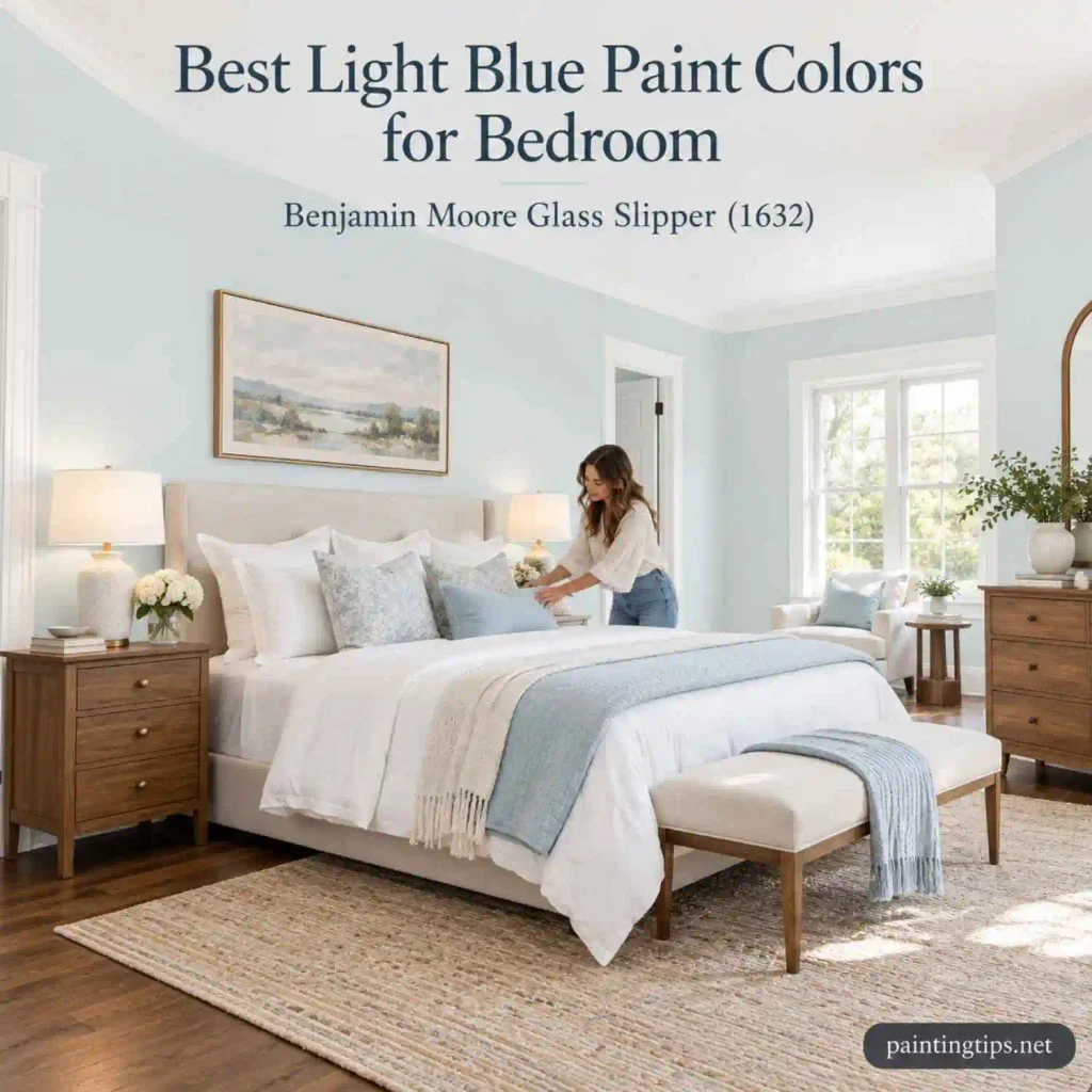 Benjamin Moore Glass Slipper 1632 – Light Blue Paint Colors for Bedroom with pale blue walls, natural textures, and elegant furniture.
