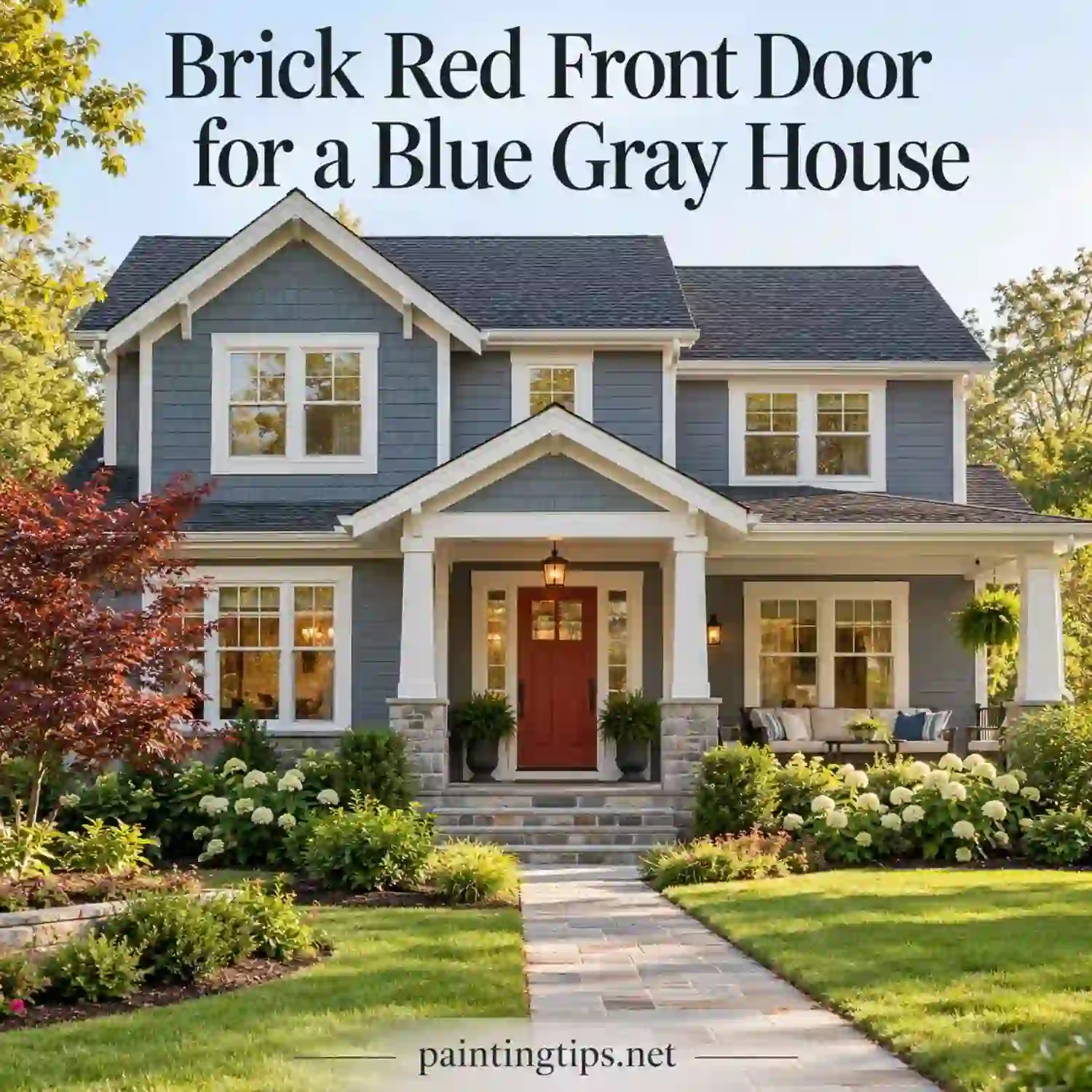 Brick red front door on a blue gray house.