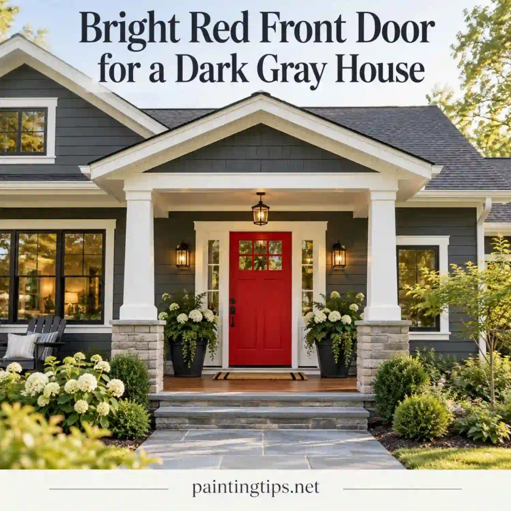 Bright red front door on a dark gray house.
