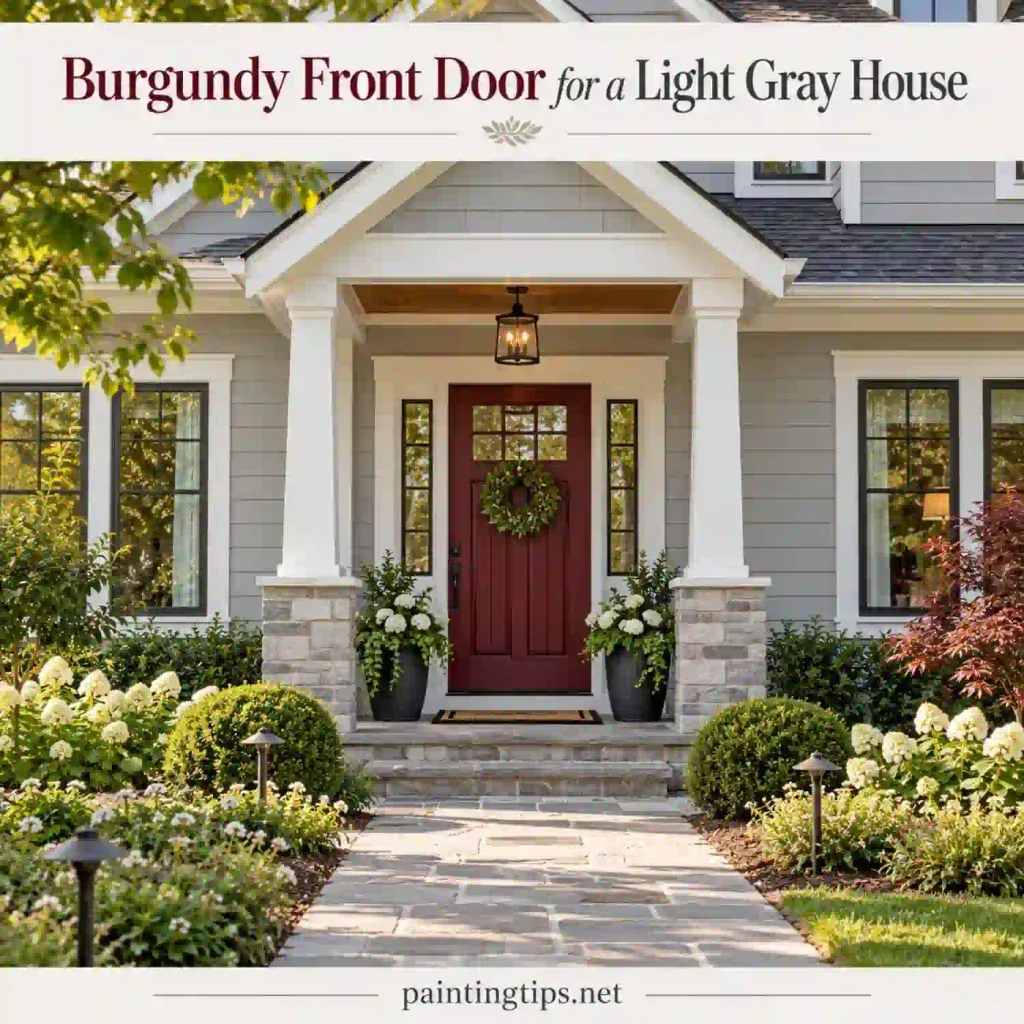 Burgundy front door on a light gray house.