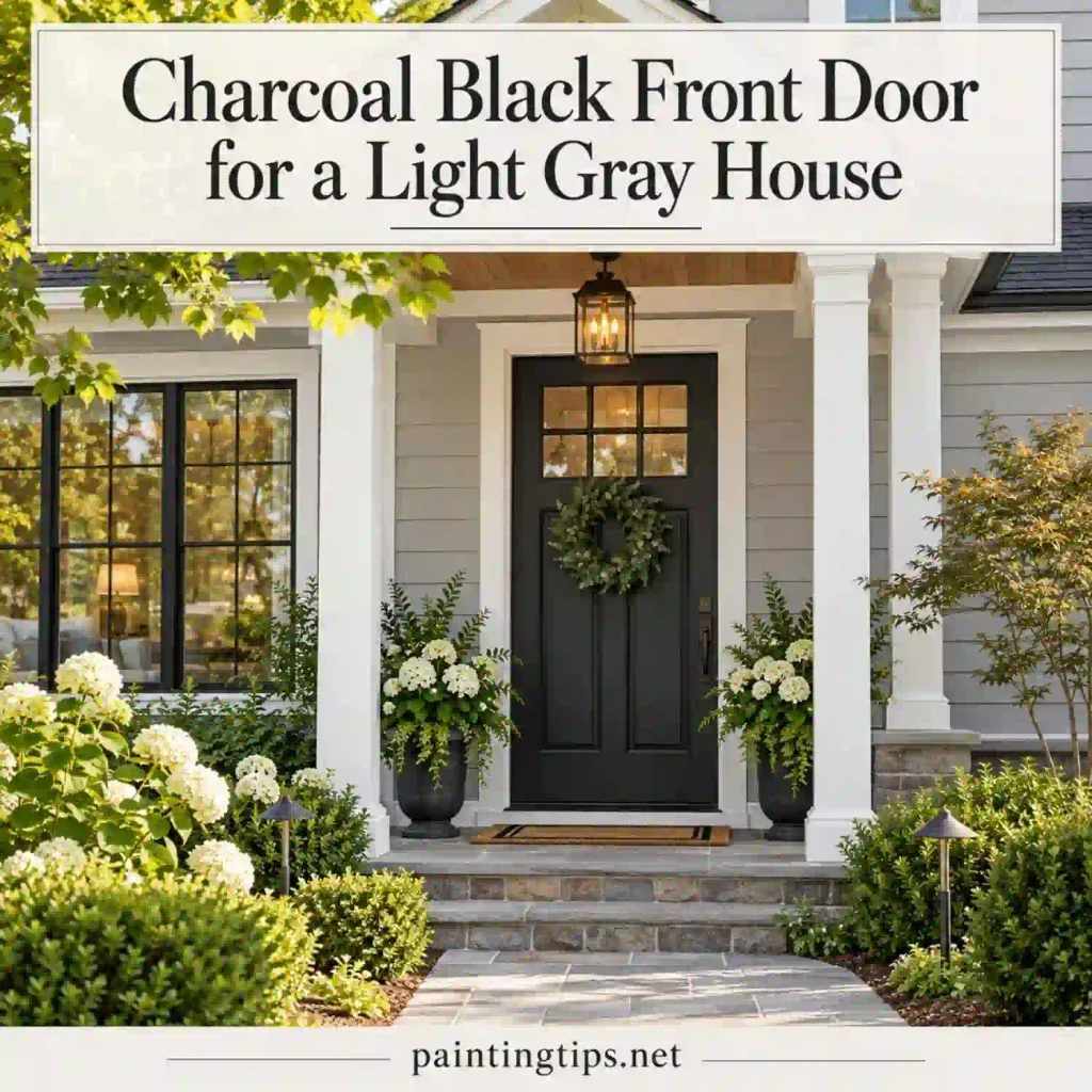 Charcoal black front door on a light gray house.