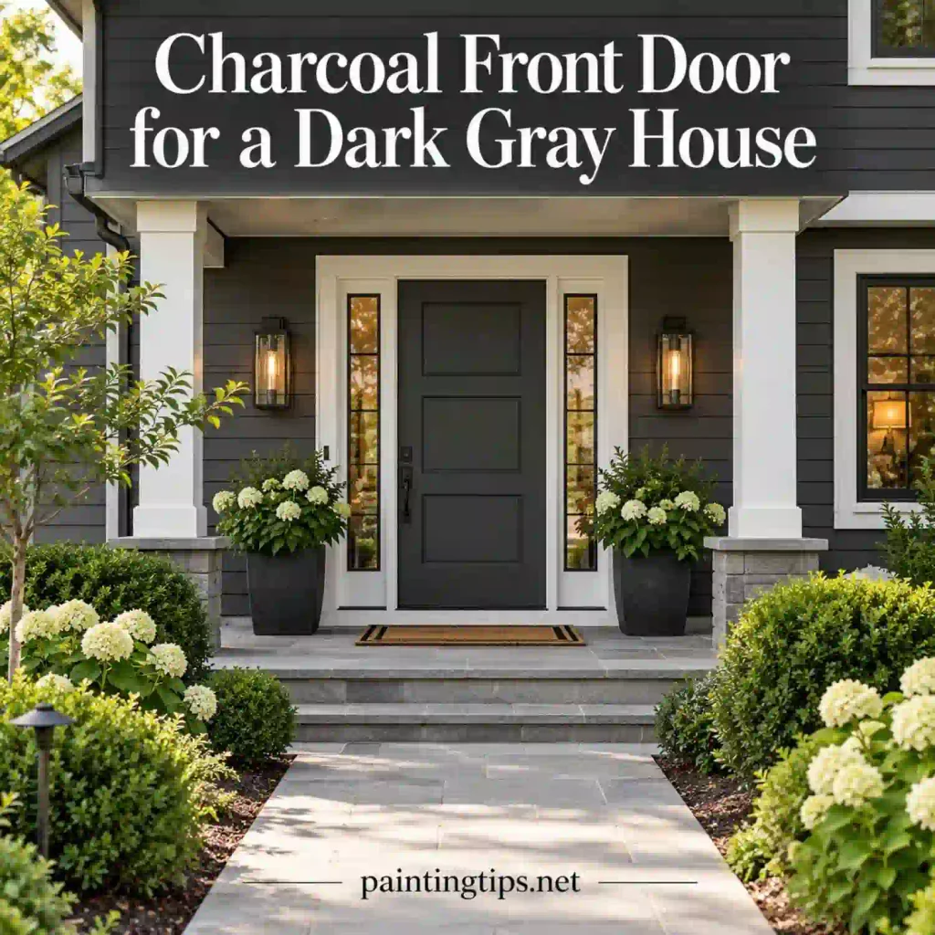 Charcoal front door on a dark gray house.