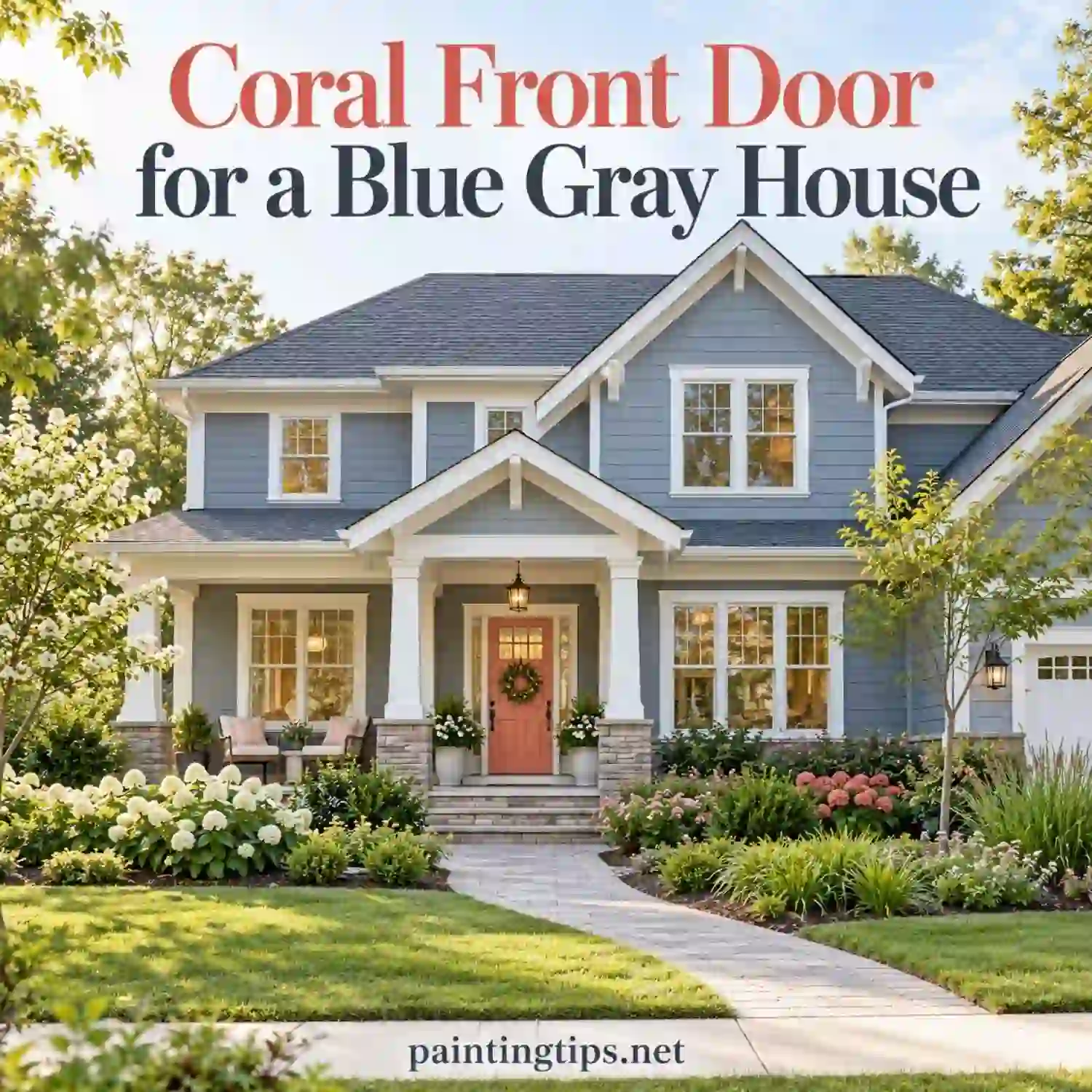 Coral front door on a blue gray house.