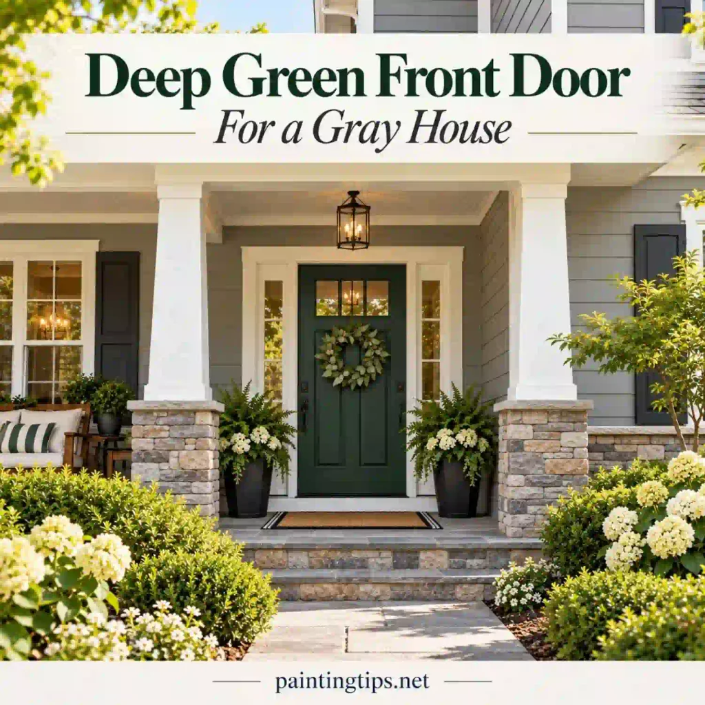 Deep green front door for gray house.