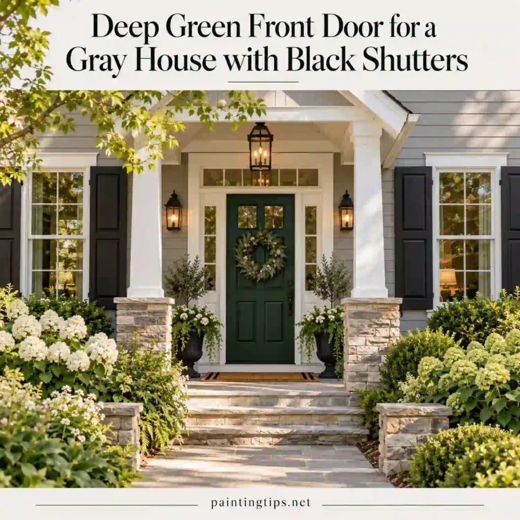 Deep green front door for gray house with black shutters.