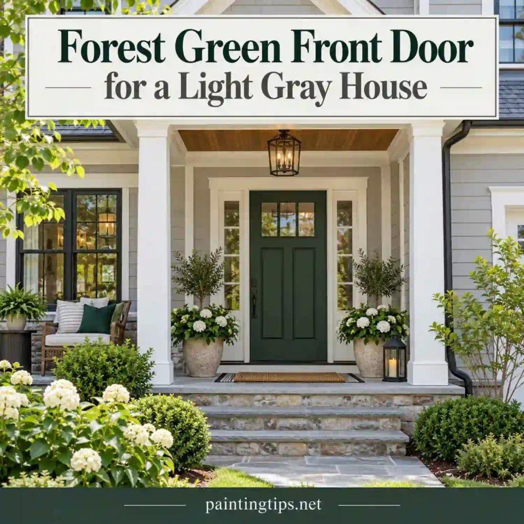 Forest green front door on a light gray house.