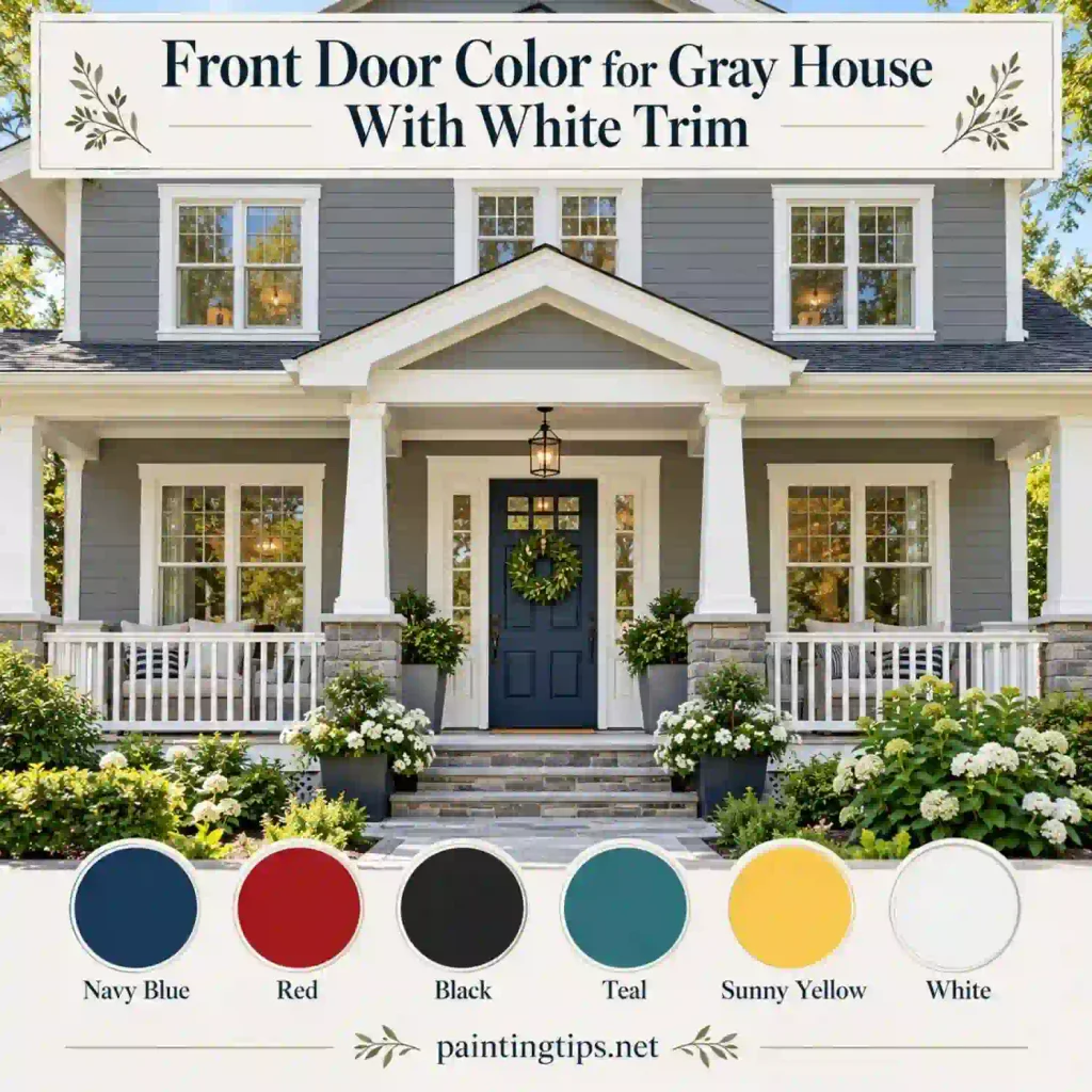 Front door color ideas for a gray house with white trim.