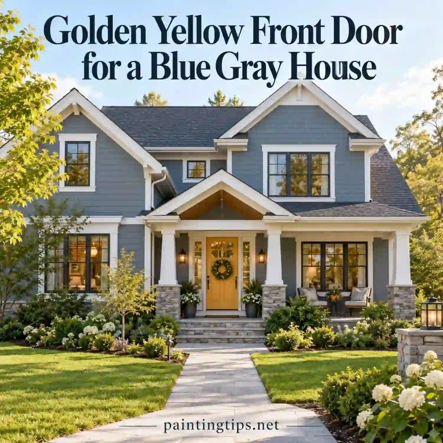 Golden yellow front door on a blue gray house.