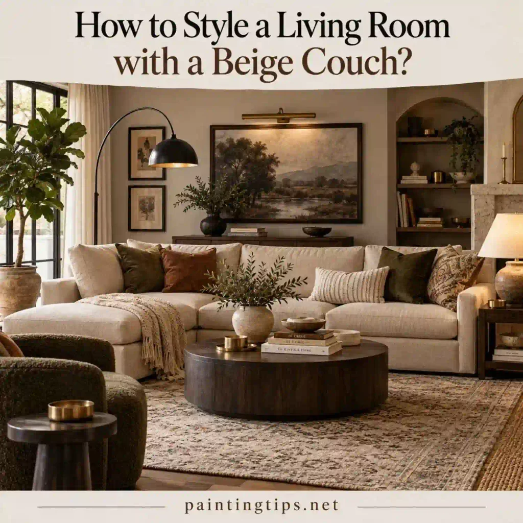 How to Style a Living Room with a Beige Couch? Dark accents.