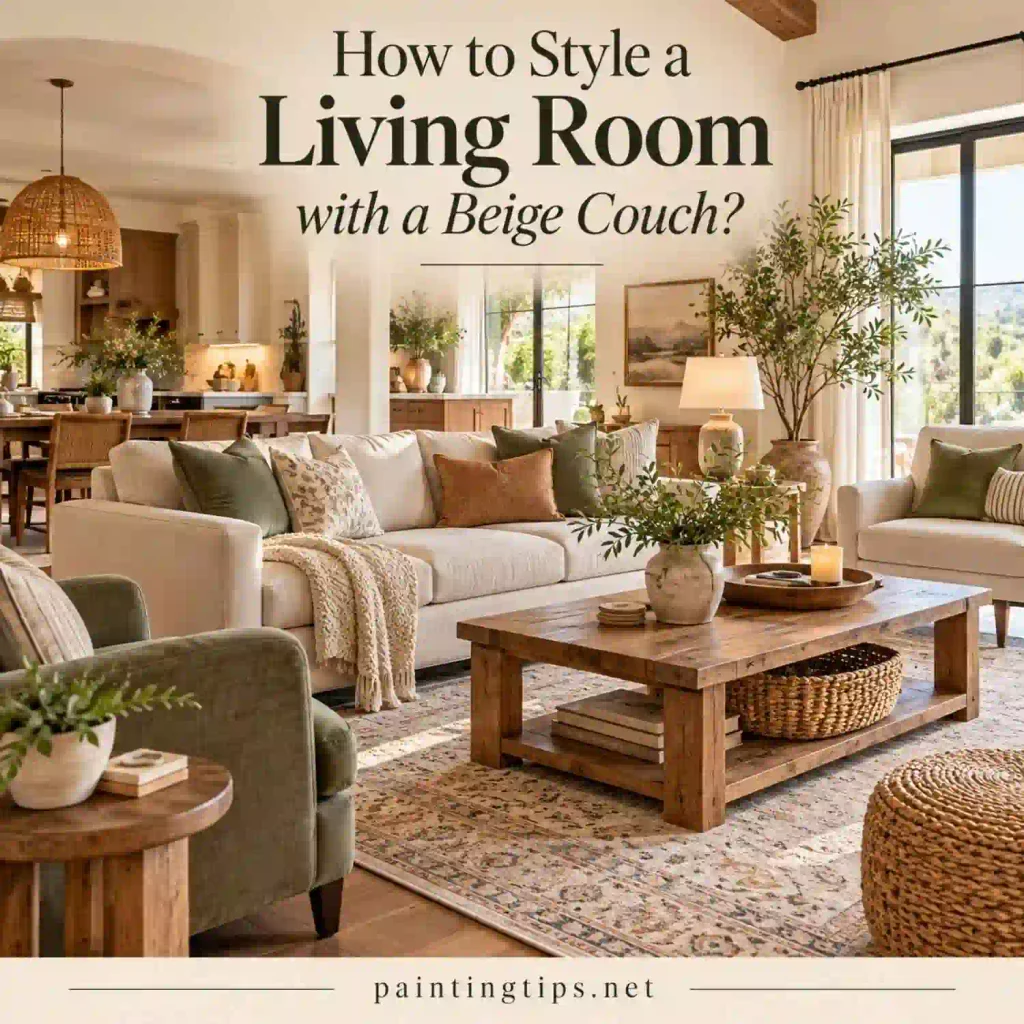 How to Style a Living Room with a Beige Couch? Warm lighting.
