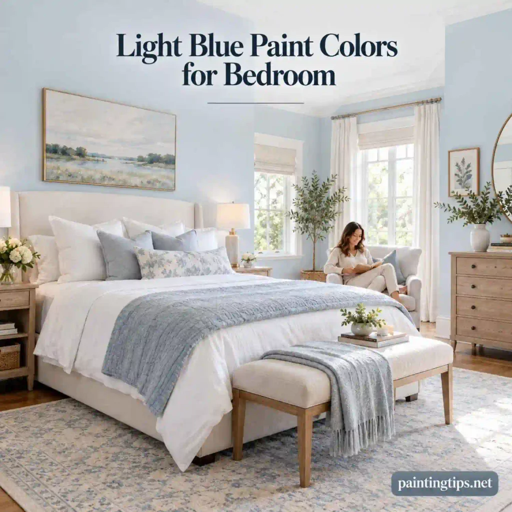 Light blue bedroom with soft blue walls, white bedding, and a calm modern interior design.