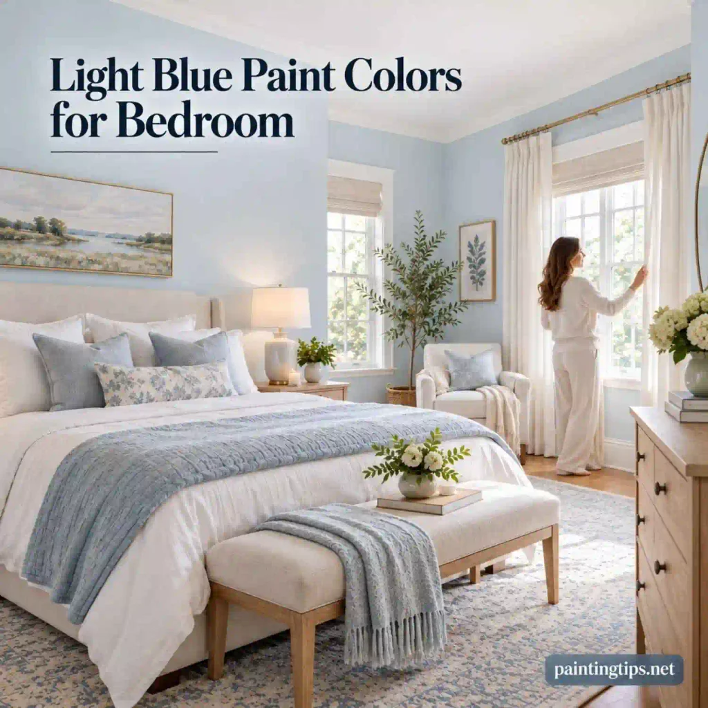 Small bedroom with light blue paint, natural daylight, and a woman enjoying a bright airy space.