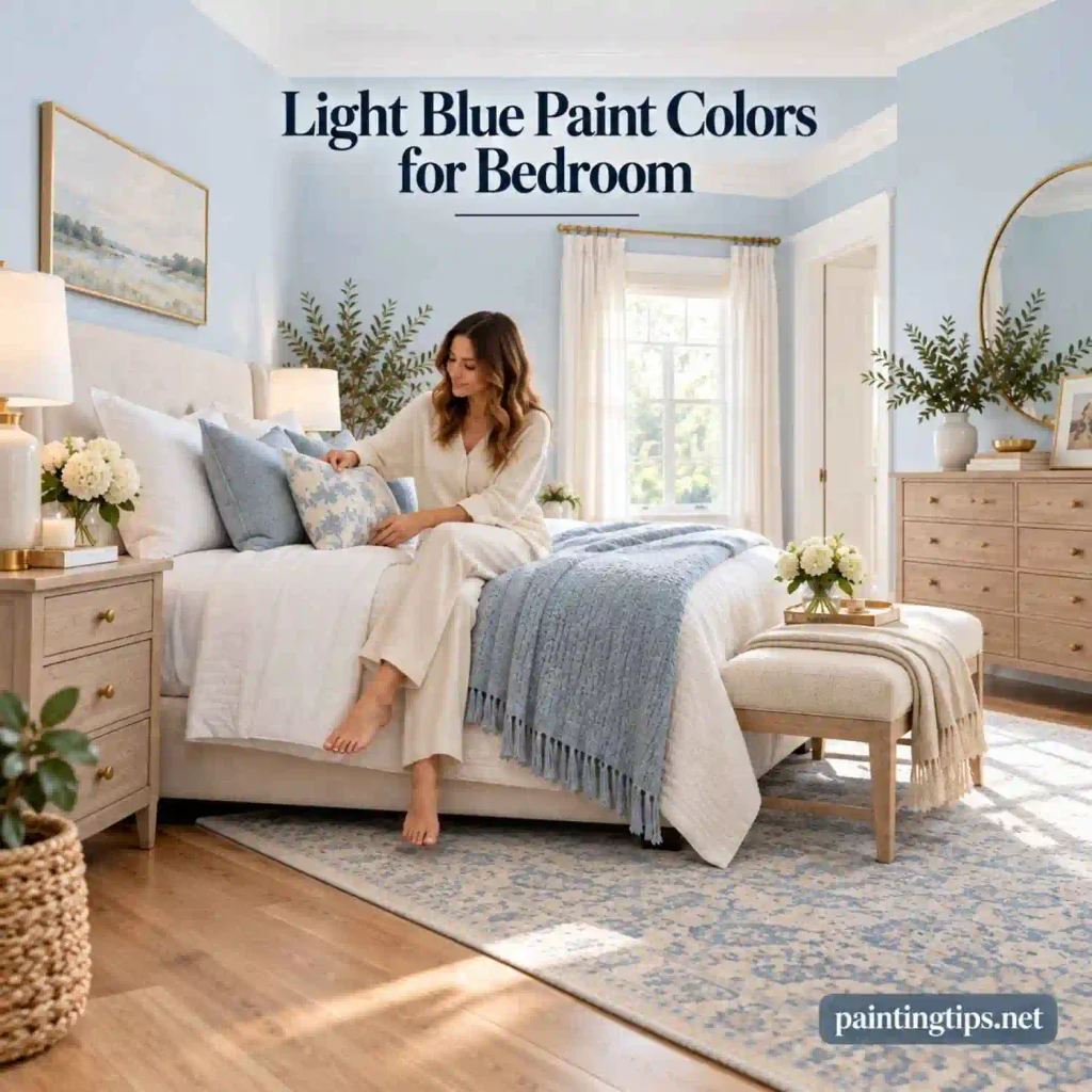 Light blue bedroom walls with white furniture, wood flooring, and warm neutral decor.