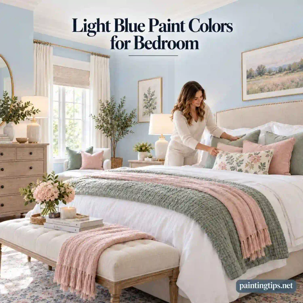 Light blue bedroom color combinations with sage green, blush pink, and soft neutral accents.