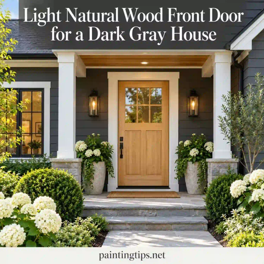 Light natural wood front door on a dark gray house.