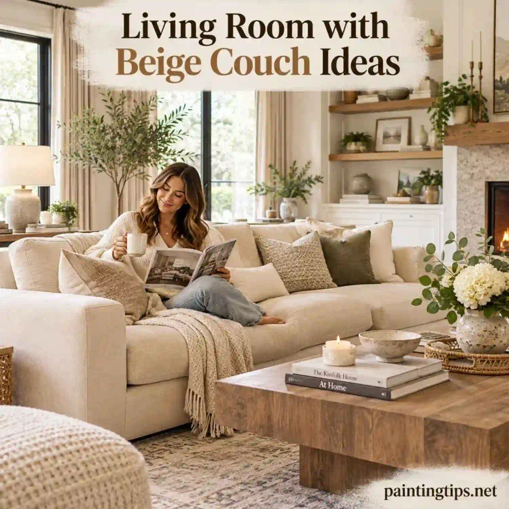Living room with beige couch.